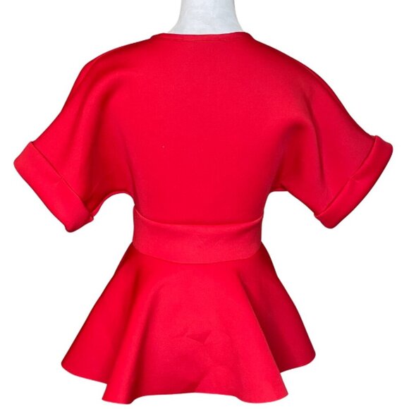 Hearts Women's Candy Red Deep V-Neck Short Sleeve Tie Front Pleated Peplum Top S - Picture 3 of 10